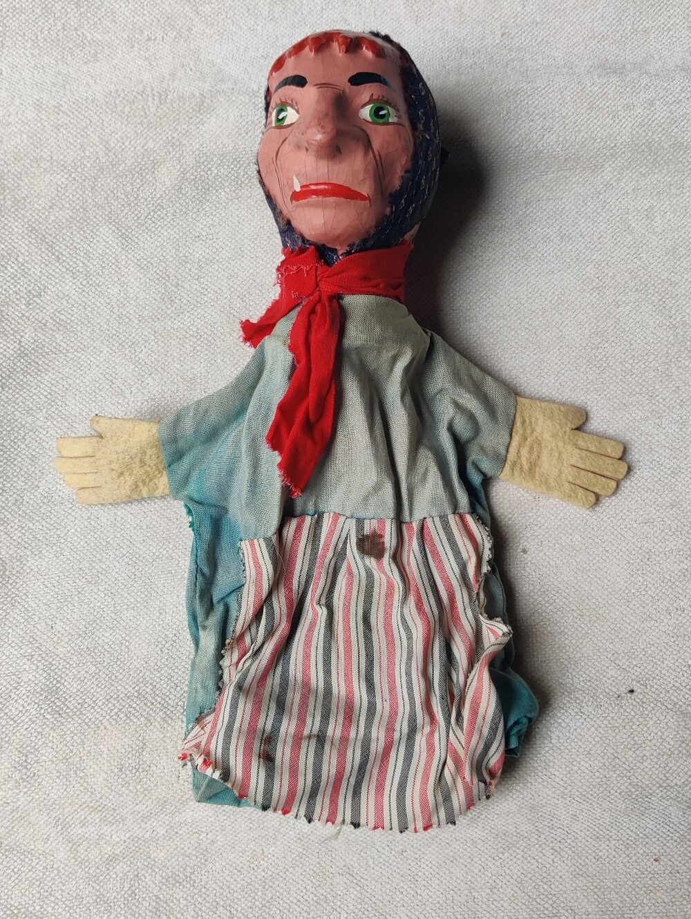 Vintage German Hand Puppet Paper Mache Farm Peasant Woman Green Eyes Red Hair